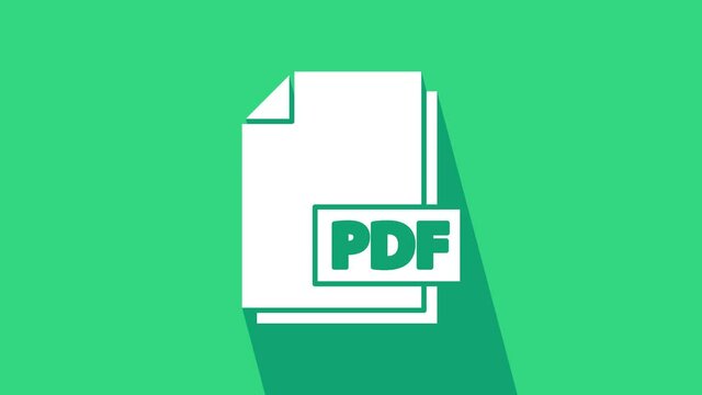 White PDF file document. Download pdf button icon isolated on green background. PDF file symbol. 4K Video motion graphic animation.