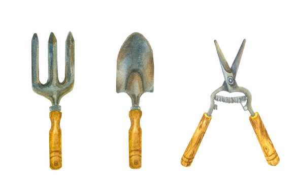 Set of gardening tools.Shovel fork pruning shears. Vintage and modern design wood metal. 
