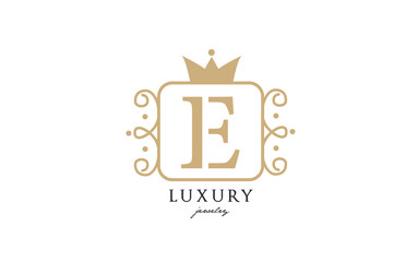 E simple yellow monogram alphabet letter logo. Creative icon design with king crown for luxury business and company