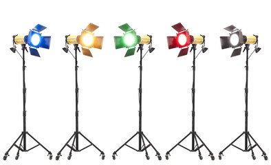 Flash lights with barn doors on stand with wheels. Studio lighting equipment isolated on white background.