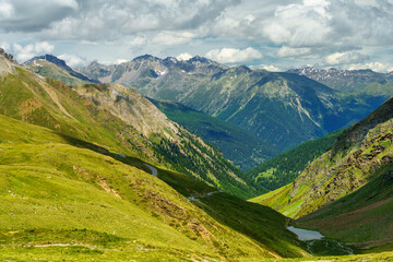 Mountain landscape along the road to Stelvio pass (Lombardy) at summer