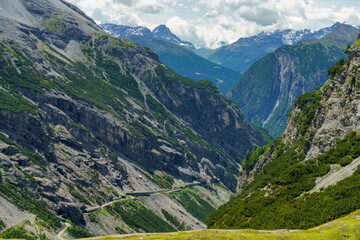 Mountain landscape along the road to Stelvio pass (Lombardy) at summer