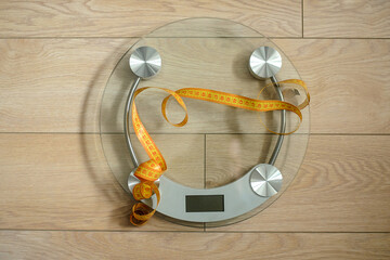 Bathroom scales and centimeter. Fitness for weight loss.