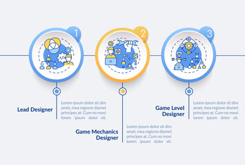 Game designers types vector infographic template. Lead designer presentation design elements. Data visualization with 3 steps. Process timeline chart. Workflow layout with linear icons