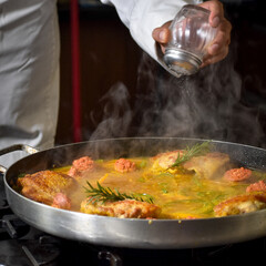 Process of preparing paella on a pan with rosemary, chorizo and chicken and the chef seasoning with salt