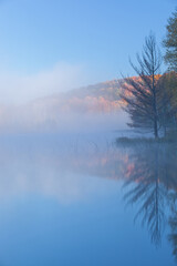 Naklejka na ściany i meble Autumn landscape at dawn of Council Lake in fog with reflections in calm water, Hiawatha National Forest, Michigan's Upper Peninsula, USA