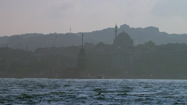 Maiden Tower. Leander, legend, Istanbul, Turkey, sunset, dusk, blue, cloudy weather.