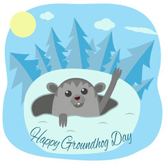 Groundhog day. Cartoon marmot peeking out of the mink. Vector flat illustration