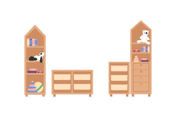 Nursery furniture flat color vector object set. Children bookshelves with toys and books. KIndergarten playroom furnishing isolated cartoon illustration for web graphic design and animation collection