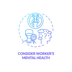 Considering worker mental health concept icon. Staff reboarding idea thin line illustration. Promoting good mental health practices. Safety, welfare. Vector isolated outline RGB color drawing