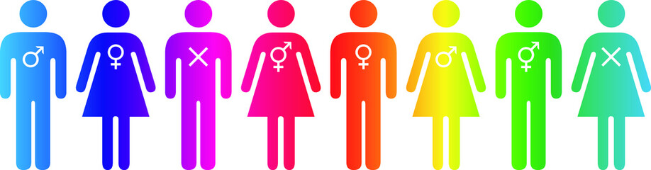 People icons - gender fluidity, gender identity, sexuality. Rainbow in a row.