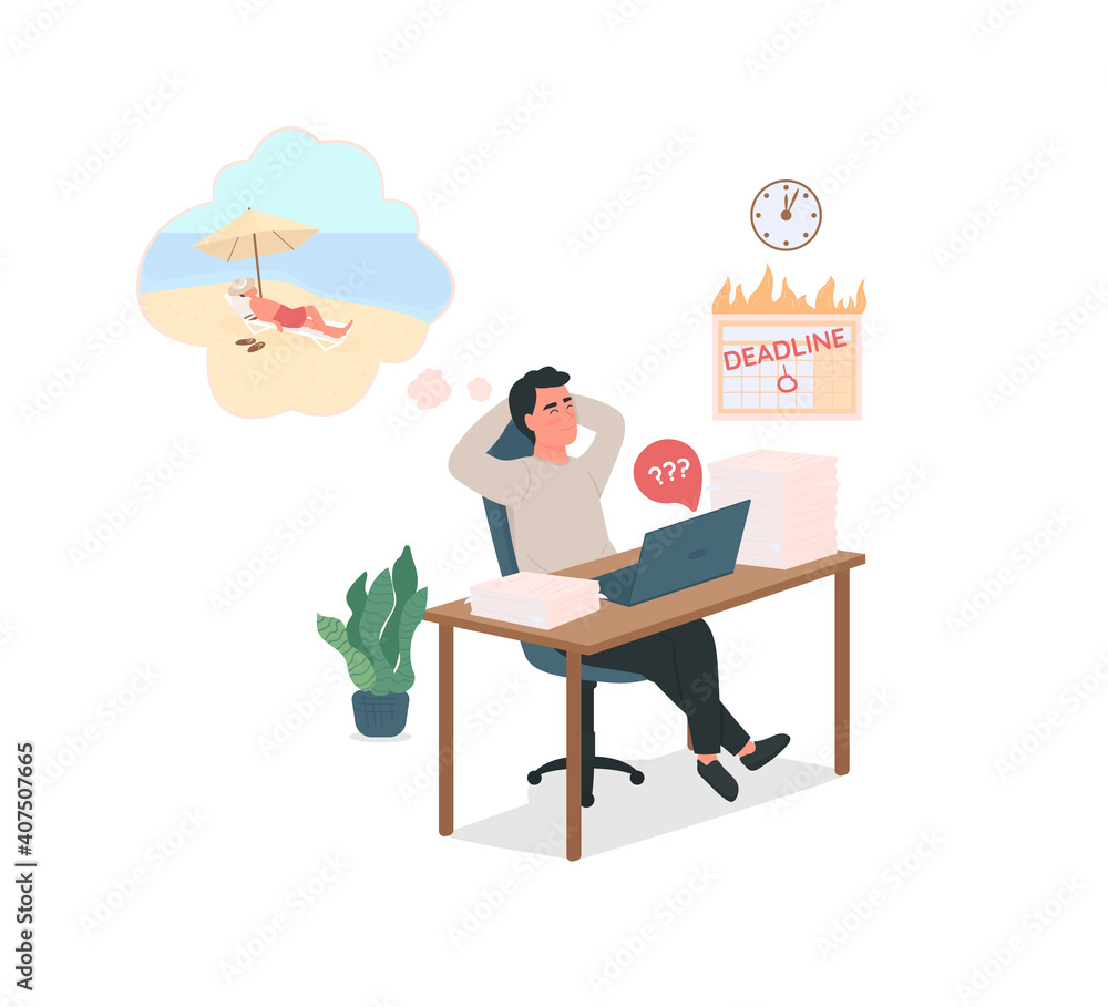 Aufkleber procrastinating employee flat color vector detailed character. urgent deadlines at work. lazy man in
