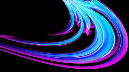 Beautiful bright motley purple pink abstract energetic magical cosmic fiery neon texture from lines and stripes, waves, flames with curves and twists on a black background and copy space. 