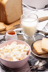 Cottage cheese, milk, honey and homemade bread