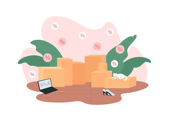 Shopping sales 2D vector web banner, poster. Boxes with purchases. Black friday flat concept on cartoon background. Special offer. Shopaholism printable patch, colorful web element