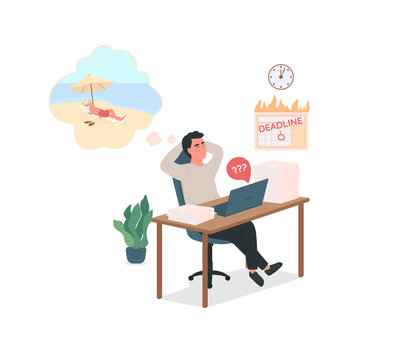 Procrastinating employee flat color vector detailed character. Urgent deadlines at work. Lazy man in office dreaming. Bad habit isolated cartoon illustration for web graphic design and animation