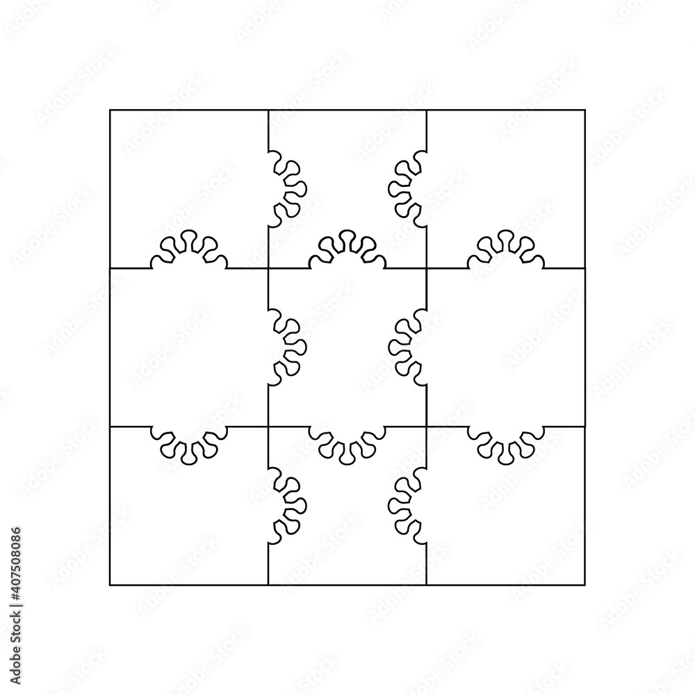 Poster set of nine jigsaw puzzle pieces with virus element. puzzle with different types of details and the 