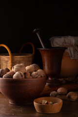 Still life with nuts and a step