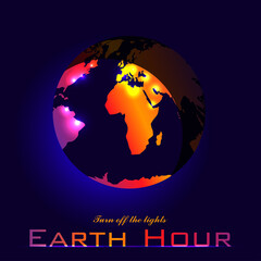 Earth hour vector illustration, banner, background. EPS10. Electric lights on a colorful world map. Lights are turned off and the Earth becomes dark