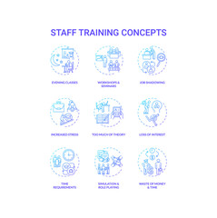 Staff training concept icons set. Employee development idea thin line RGB color illustrations. Evening classes. Stress increasing. Time requirement. Interest loss. Vector isolated outline drawings