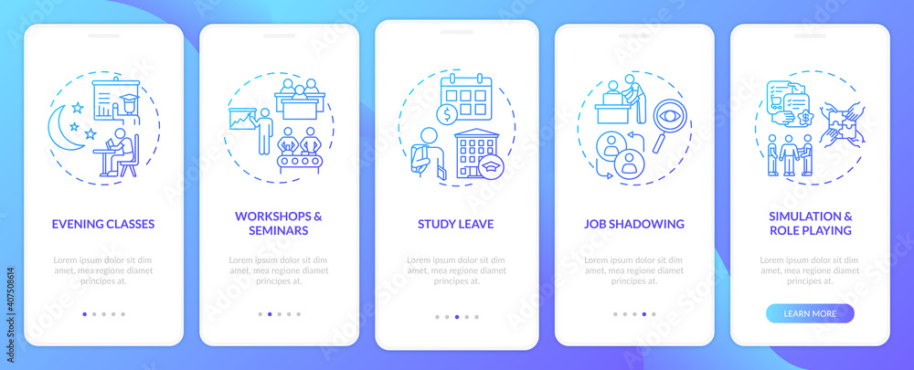 Poster employee training types onboarding mobile app page screen with concepts. evening classes, study paid