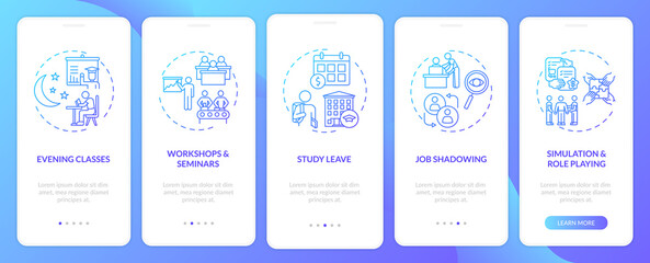 Employee training types onboarding mobile app page screen with concepts. Evening classes, study paid leave walkthrough 5 steps graphic instructions. UI vector template with RGB color illustrations