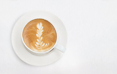 coffee cup top view, coffee latte art cappuccino foam on white background - 407508816