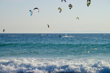 Kitesurfers at the at "Valdevaqueros" beach, Tarifa, Andalusia, Spain
