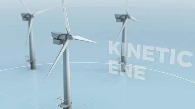 Multiple Huge White Metal Windmills in an Array. Each blade is Highlighted. Starting to Spin. Kinetic Energy is Getting Converted by the Wind Turbines into Usable Electrical Power. Green Energy.