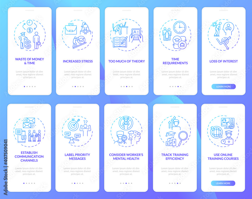 Poster employee training and tutoring onboarding mobile app page screen with concepts set. office workers r