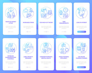 Naklejka premium Employee training and tutoring onboarding mobile app page screen with concepts set. Office workers reboarding walkthrough 5 steps graphic instructions. UI vector template with RGB color illustrations