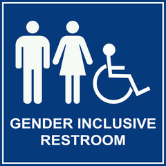 Gender inclusive restroom sign. White on blue background. Toilet signs and symbols.