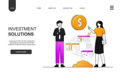 Landing page template of Investment Solutions. Bank development economics strategy. Modern flat design concept of web page design for website and mobile website. Easy to edit and customize.
