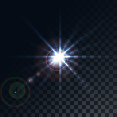 Blue glowing transparent sunbeam, flash, a highlight of energy rays, a star on a translucent dark in a checkered black background from squares. illustration