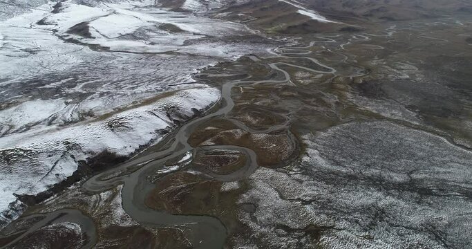 Aerial photography of the natural scenery of the wetland after the snow. Zoige, Ngawa Tibetan and Qiang Autonomous Prefecture, Sichuan, China