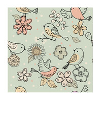 Colorful doodle bird and flower seamless pattern. Vector illustration.