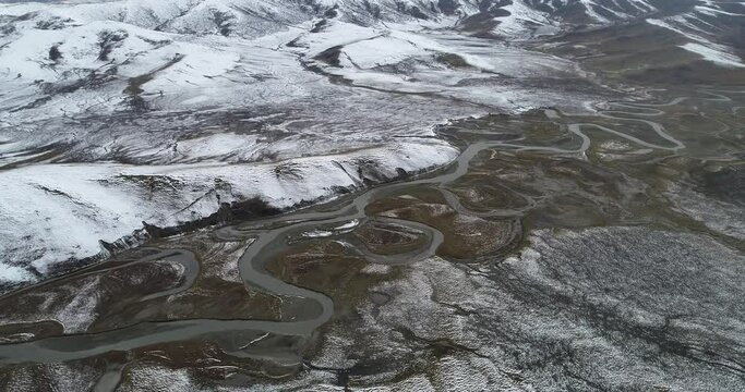 Aerial photography of the natural scenery of the wetland after the snow. Zoige, Ngawa Tibetan and Qiang Autonomous Prefecture, Sichuan, China