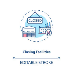 Closing facilities concept icon. Business process improvement idea thin line illustration. Cost reduction. Company work optimization. Vector isolated outline RGB color drawing. Editable stroke