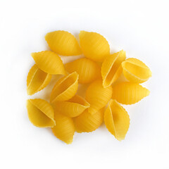 Raw pasta on a white background.