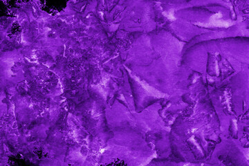 Violet ink and watercolor texture on white paper background. Paint leaks and decalcomania effects. Hand-painted gouache abstract image. Mess on the canvas.