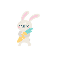Cute Easter rabbit with carrot. Vector illustration isolated.