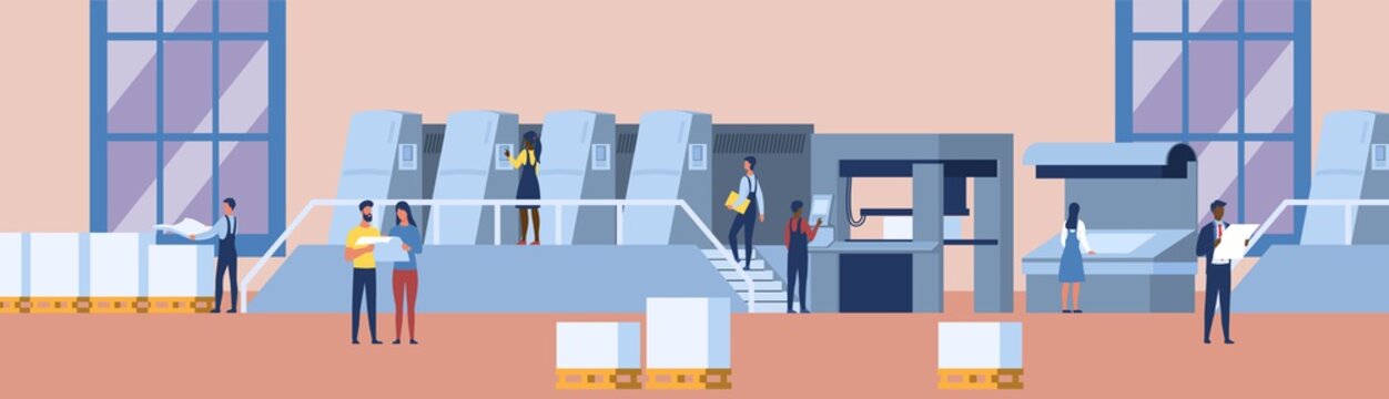 Printing house polygraphy industry composition with diverse multiracial human characters, plant and machinery and printer consumable images. Flat cartoon vector illustration