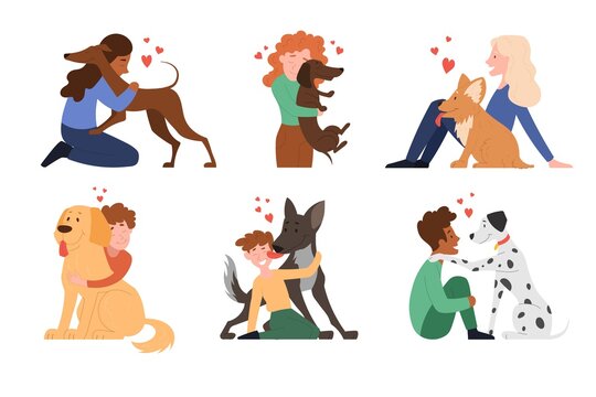 Multiracial children hugging dog pets vector illustration, happy girls and smiling boys with puppies, domestic animals concept. Set of flat cartoon vector illustrations isolated on white background