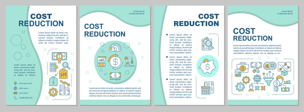 Cost reduction brochure template. Decrease market value of product. Flyer, booklet, leaflet print, cover design with linear icons. Vector layouts for magazines, annual reports, advertising posters