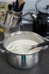 Pancake dough in a pan on the table in the kitchen