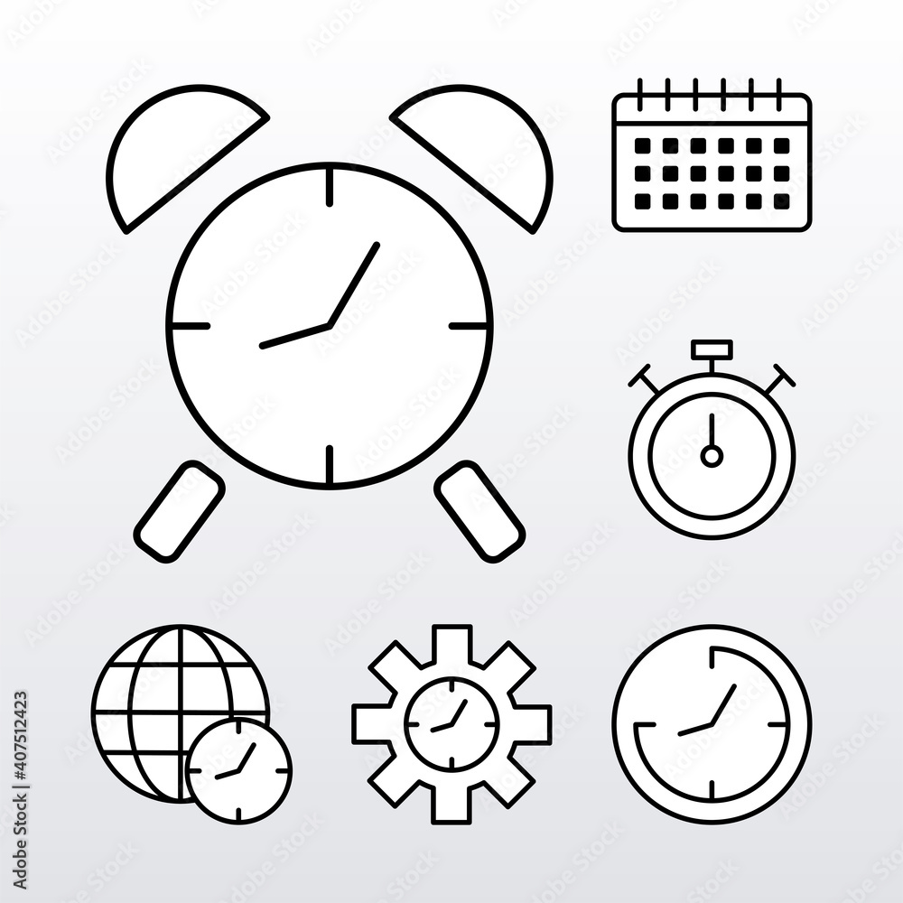 Poster bundle of six time clocks line style set icons