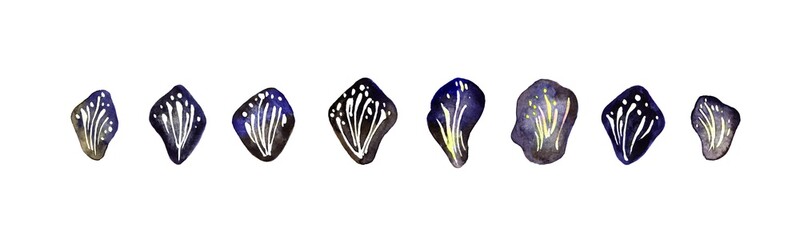 Set of decorative leaf elements. Violet, purple and blue floral abstract hand painted watercolor. Nature petal illustration isolated on white background.
