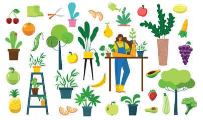 Vector set of village people with organic food, flowers and plants