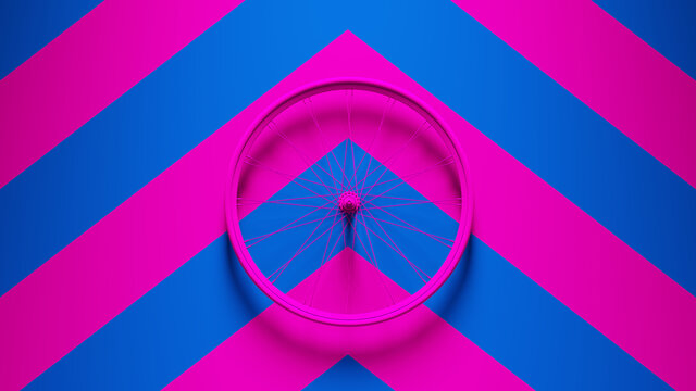 Pink Bicycle Wheel with Pink an Blue Chevron Background 3d illustration render