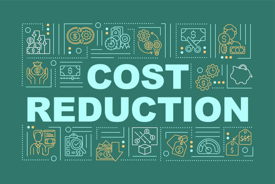 Cost reduction word concepts banner. Decreasing of budget from different expenses. Infographics with linear icons on green background. Isolated typography. Vector outline RGB color illustration